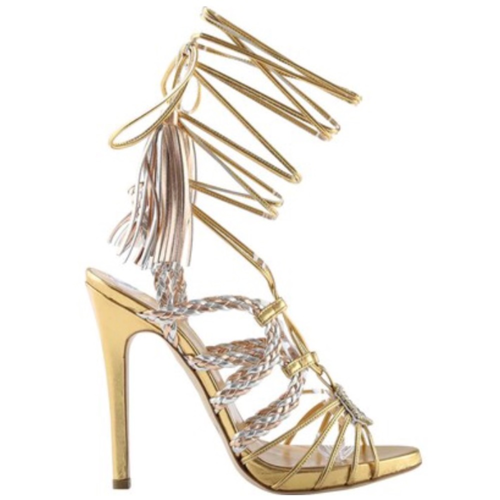 Gedebe Corinne Metallic Napa Leather Tassel Stiletto Laced Sandal - $900 NWT